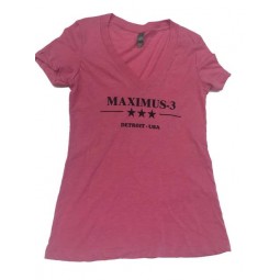 Women's Tri-Blend V-Neck Maximus-3 logo T-Shirt, Vintage Pink.